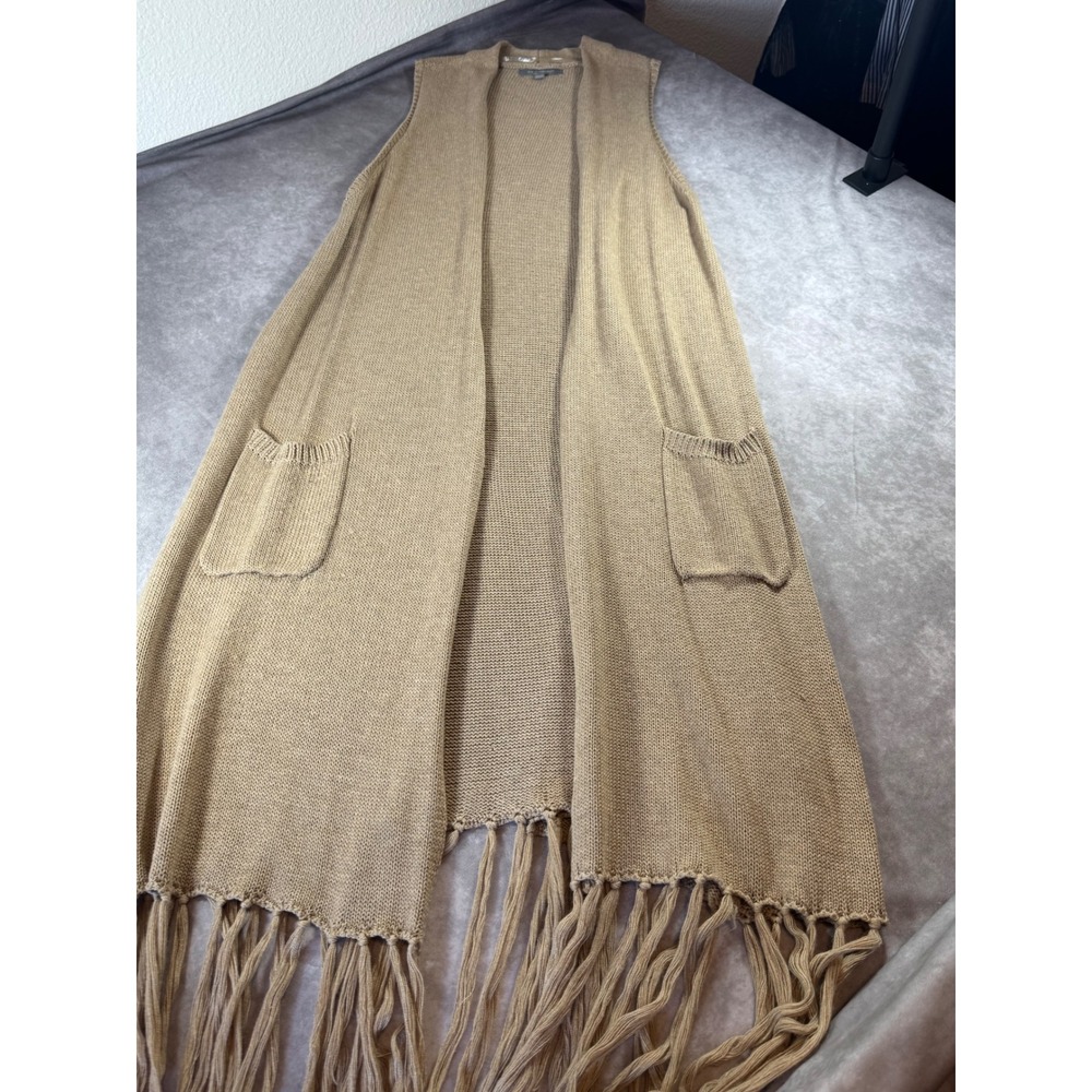 NY Collection Womens XL‎ Tan Knit Duster Vest Long Fringe Open Front Sleeveless